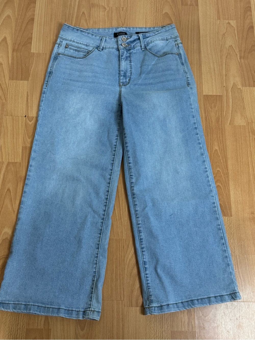 Curve Appeal- High Rise Wide Leg Light Blue Jeans - 2-Button Waist